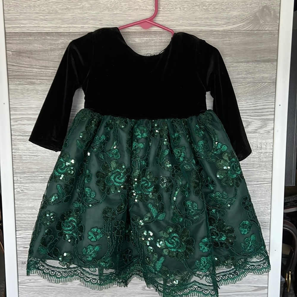 Baby Girl Formal Black Velvet & Emerald Dress with Bow - Picture 1 of 5